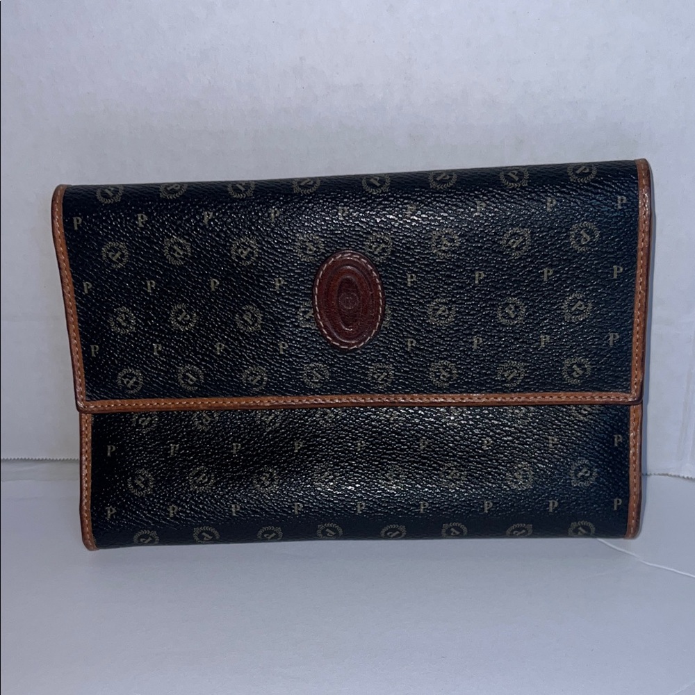 Pollini Black Monogram Leather Wallet with Brown Trim
